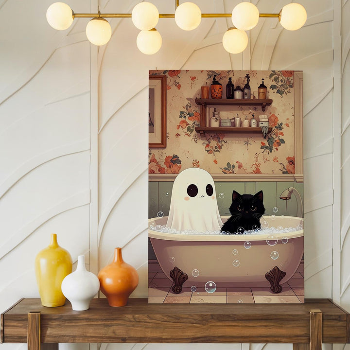 Vintage Ghost & Cat Bath Canvas – Nostalgic Halloween Bathroom Art - Gifitto