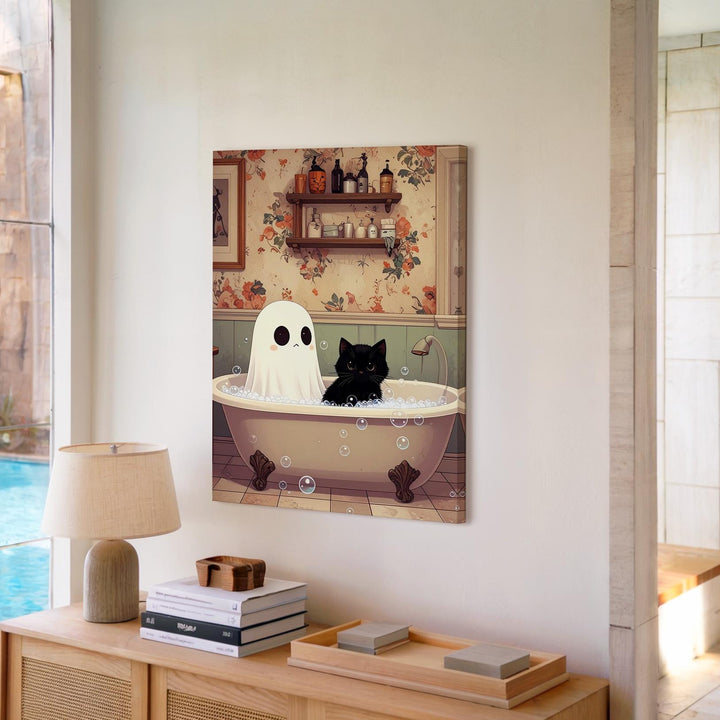 Vintage Ghost & Cat Bath Canvas – Nostalgic Halloween Bathroom Art - Gifitto