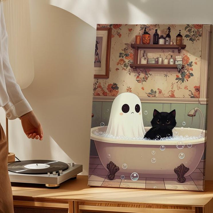 Vintage Ghost & Cat Bath Canvas – Nostalgic Halloween Bathroom Art - Gifitto