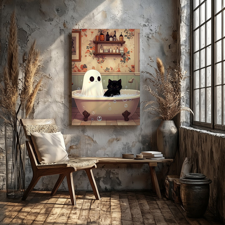 Vintage Ghost & Cat Bath Canvas – Nostalgic Halloween Bathroom Art - Gifitto