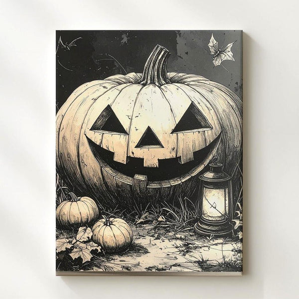 Vintage Jack-o'-Lantern Etching Canvas – Sepia Halloween Field Illustration - Gifitto