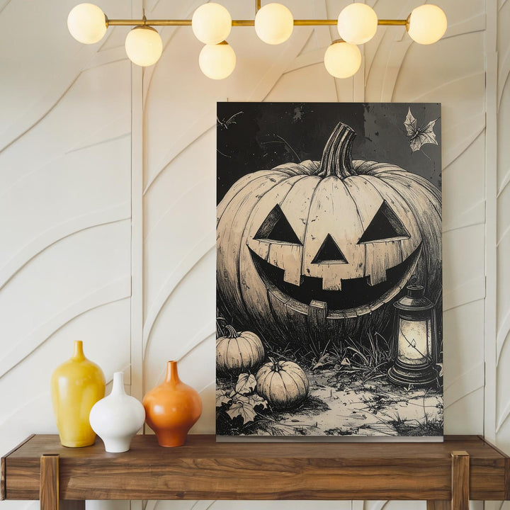 Vintage Jack-o'-Lantern Etching Canvas – Sepia Halloween Field Illustration - Gifitto