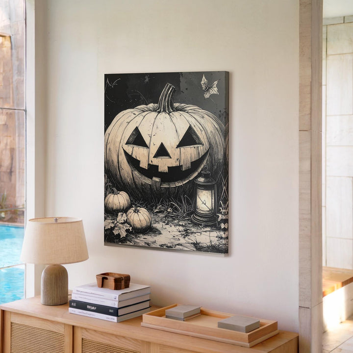 Vintage Jack-o'-Lantern Etching Canvas – Sepia Halloween Field Illustration - Gifitto