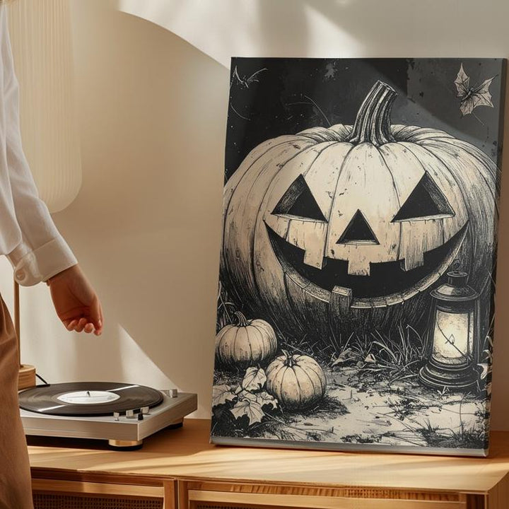 Vintage Jack-o'-Lantern Etching Canvas – Sepia Halloween Field Illustration - Gifitto