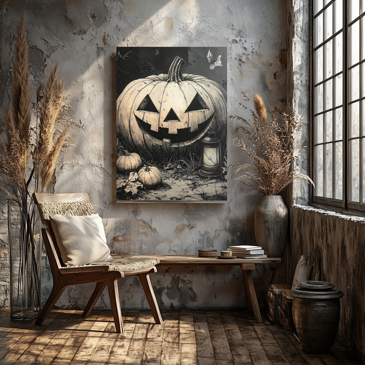 Vintage Jack-o'-Lantern Etching Canvas – Sepia Halloween Field Illustration - Gifitto