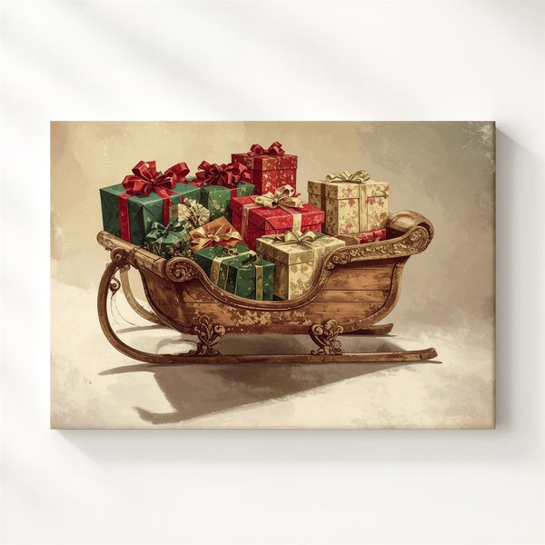 Vintage Wooden Sleigh Canvas – Elegant Holiday Gift Stack on Cream Background - Gifitto