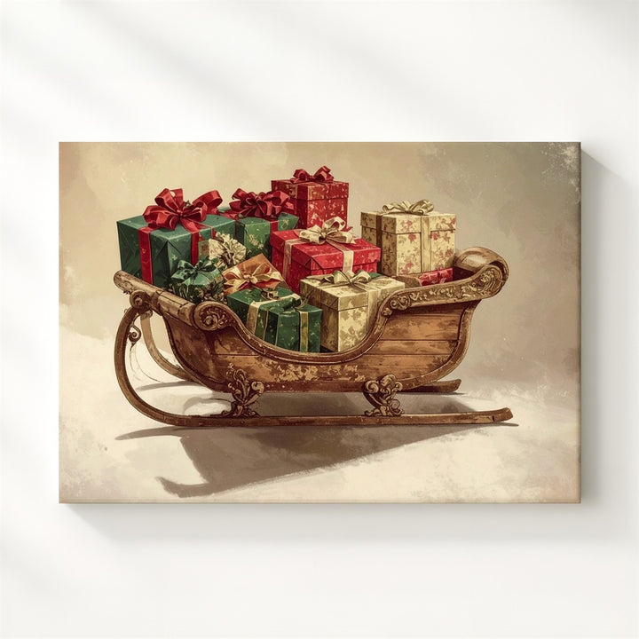 Vintage Wooden Sleigh Canvas – Elegant Holiday Gift Stack on Cream Background - Gifitto