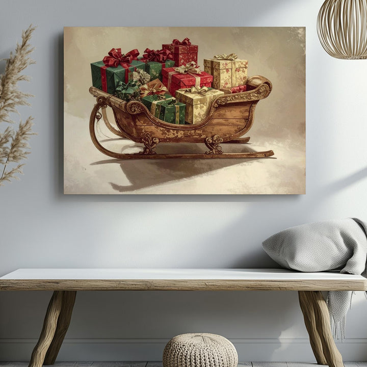 Vintage Wooden Sleigh Canvas – Elegant Holiday Gift Stack on Cream Background - Gifitto