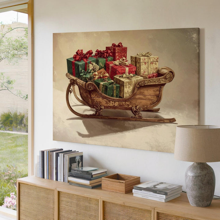 Vintage Wooden Sleigh Canvas – Elegant Holiday Gift Stack on Cream Background - Gifitto
