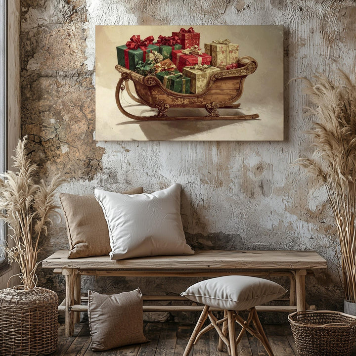 Vintage Wooden Sleigh Canvas – Elegant Holiday Gift Stack on Cream Background - Gifitto