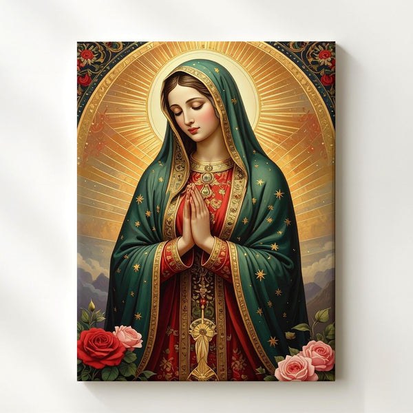 Our Lady of Guadalupe Canvas – Green Starry Mantle & Radiant Mandorla - Gifitto