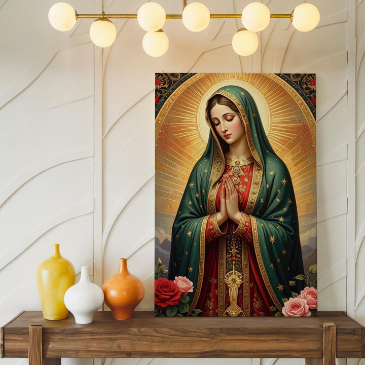 Our Lady of Guadalupe Canvas – Green Starry Mantle & Radiant Mandorla - Gifitto