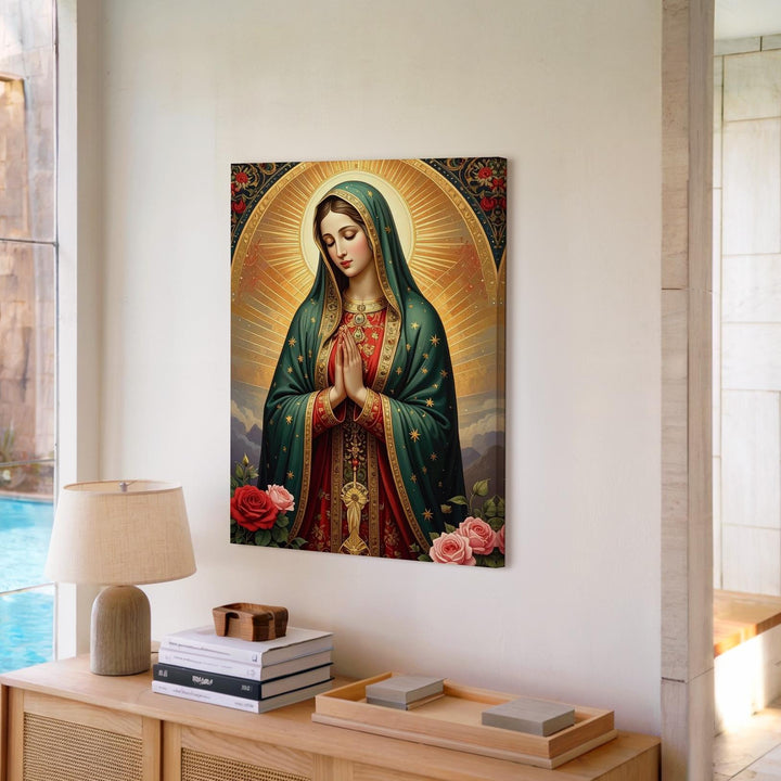 Our Lady of Guadalupe Canvas – Green Starry Mantle & Radiant Mandorla - Gifitto