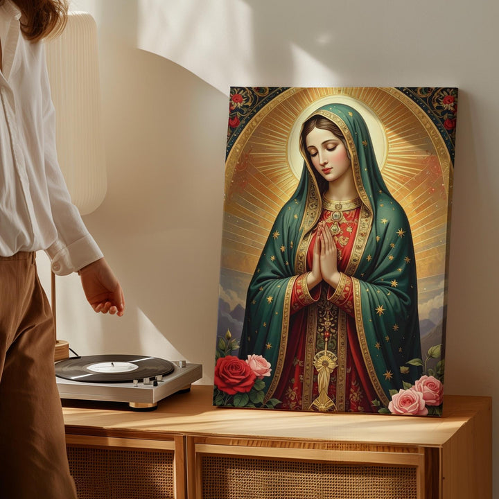 Our Lady of Guadalupe Canvas – Green Starry Mantle & Radiant Mandorla - Gifitto