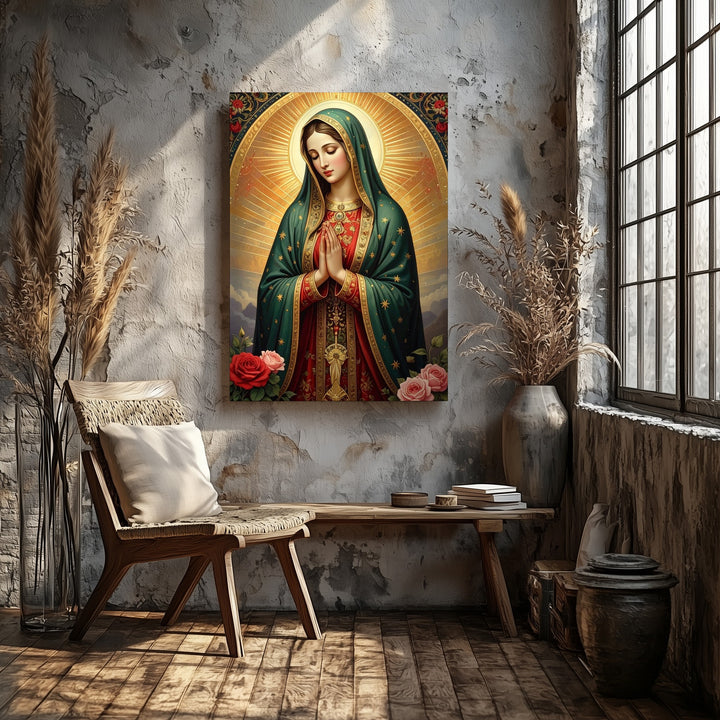 Our Lady of Guadalupe Canvas – Green Starry Mantle & Radiant Mandorla - Gifitto