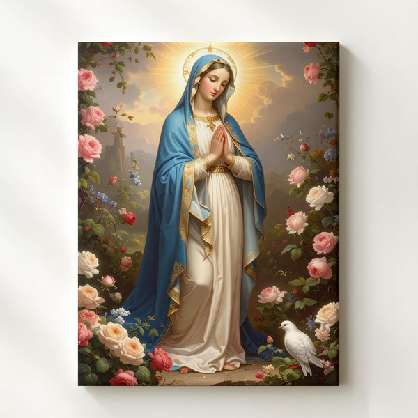 Our Lady of Guadalupe Canvas – Blue Mantle, Roses & Garden Light - Gifitto