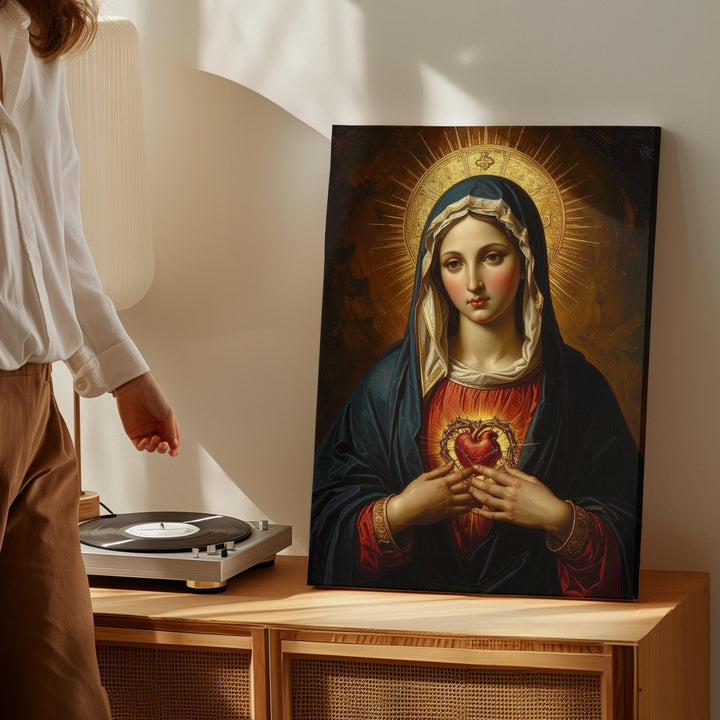 Sacred Heart of Mary Canvas – Classic Icon with Thorns & Radiant Light - Gifitto