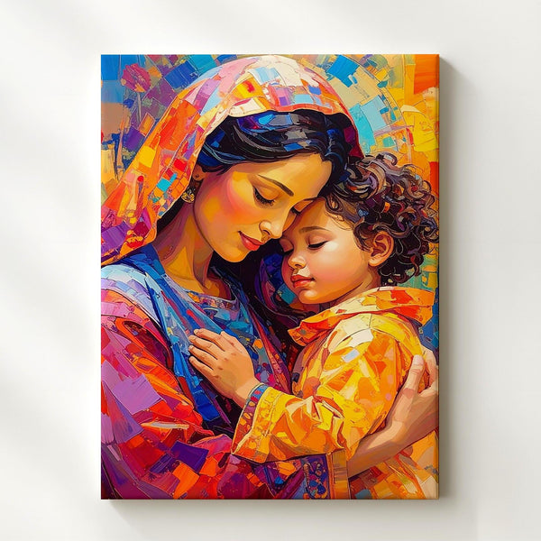 Abstract Virgin Mary Embrace Canvas – Expressionist Sacred Love in Color - Gifitto
