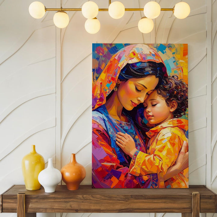 Abstract Virgin Mary Embrace Canvas – Expressionist Sacred Love in Color - Gifitto