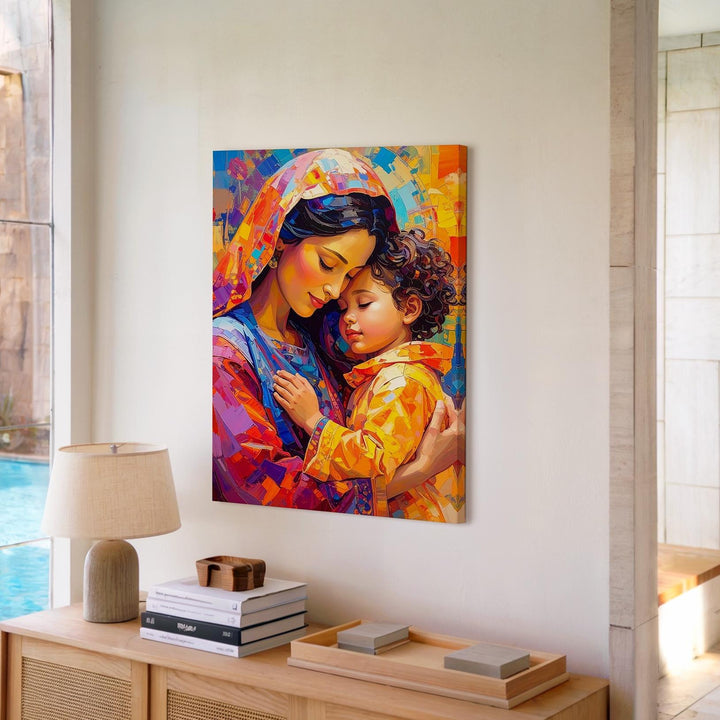 Abstract Virgin Mary Embrace Canvas – Expressionist Sacred Love in Color - Gifitto