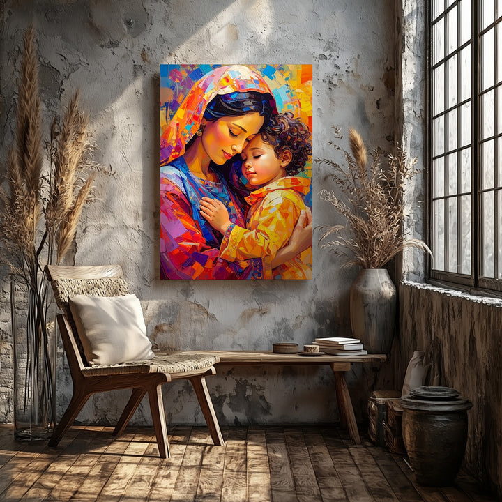 Abstract Virgin Mary Embrace Canvas – Expressionist Sacred Love in Color - Gifitto