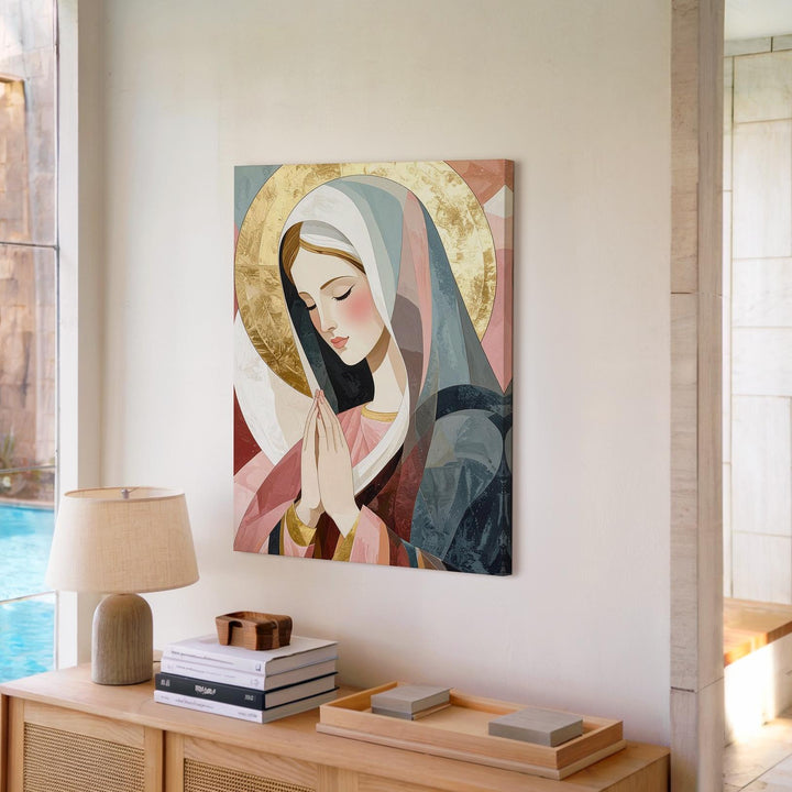 Minimalist Virgin Mary Canvas – Stylized Prayer with Geometric Color Blocks - Gifitto