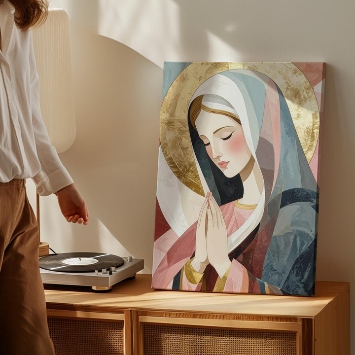 Minimalist Virgin Mary Canvas – Stylized Prayer with Geometric Color Blocks - Gifitto