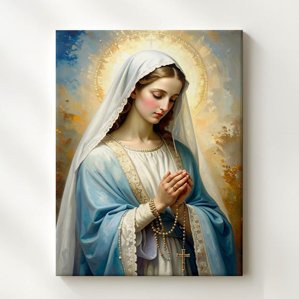Kneeling Virgin Mary Canvas – White Veil, Rosary & Soft Sacred Light - Gifitto