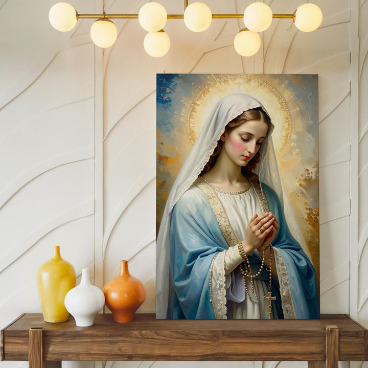 Kneeling Virgin Mary Canvas – White Veil, Rosary & Soft Sacred Light - Gifitto