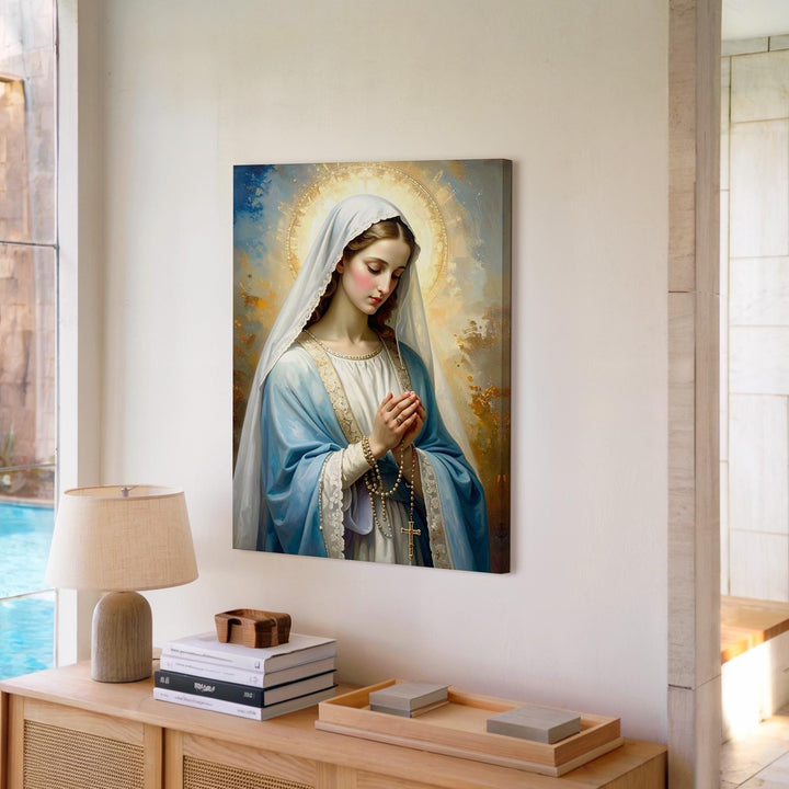 Kneeling Virgin Mary Canvas – White Veil, Rosary & Soft Sacred Light - Gifitto