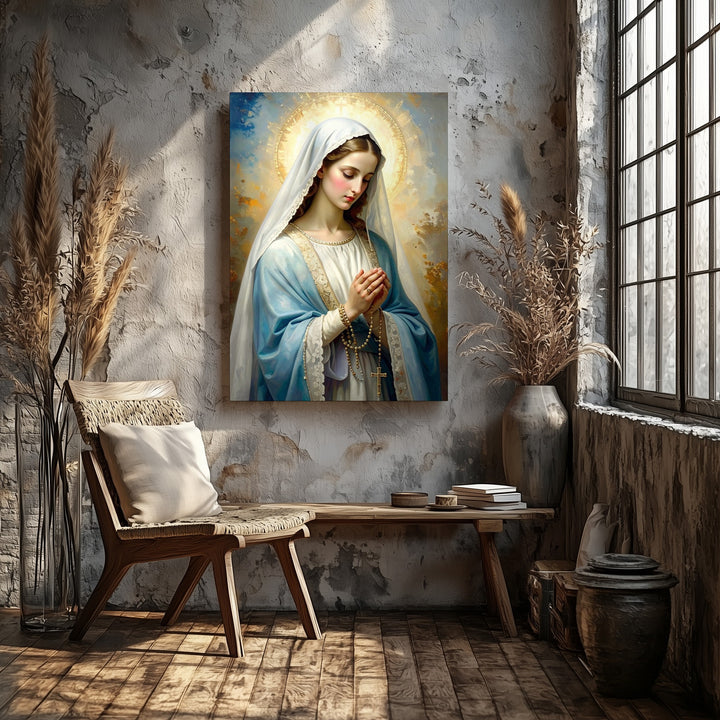 Kneeling Virgin Mary Canvas – White Veil, Rosary & Soft Sacred Light - Gifitto