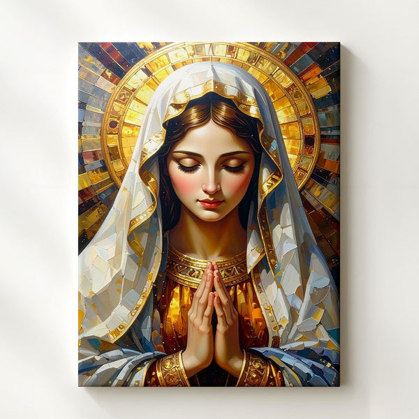Radiant Virgin Mary Canvas – White Veil & Golden Aura in Prayer - Gifitto