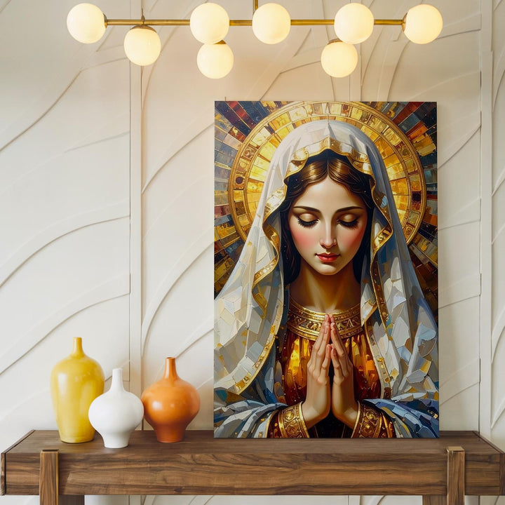 Radiant Virgin Mary Canvas – White Veil & Golden Aura in Prayer - Gifitto