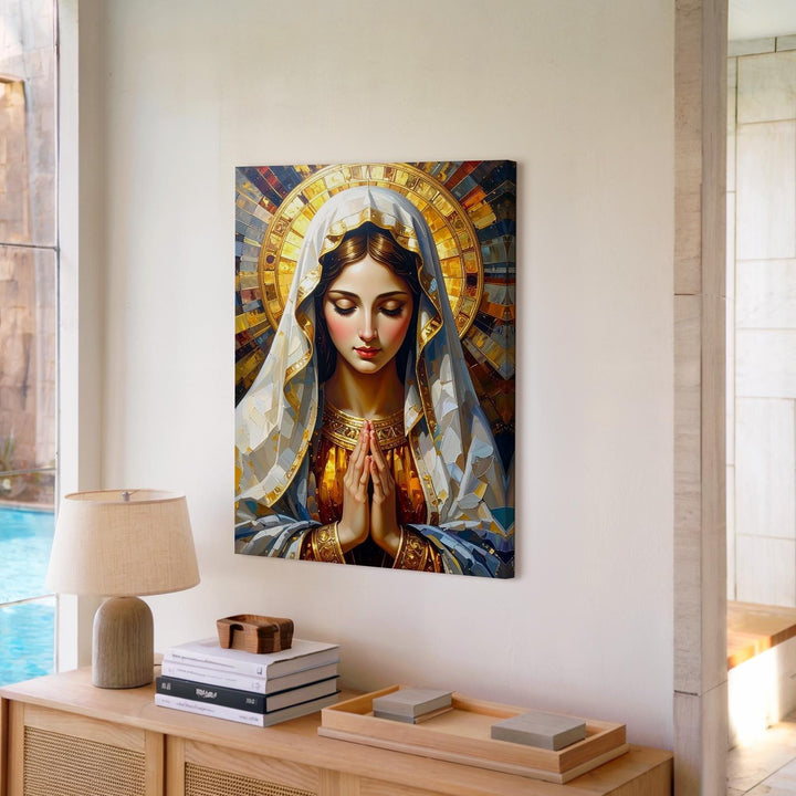 Radiant Virgin Mary Canvas – White Veil & Golden Aura in Prayer - Gifitto