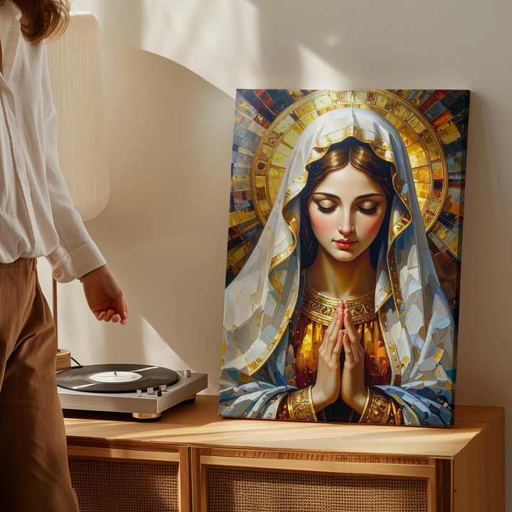Radiant Virgin Mary Canvas – White Veil & Golden Aura in Prayer - Gifitto