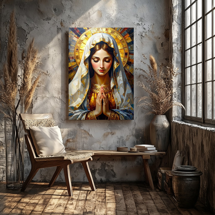 Radiant Virgin Mary Canvas – White Veil & Golden Aura in Prayer - Gifitto