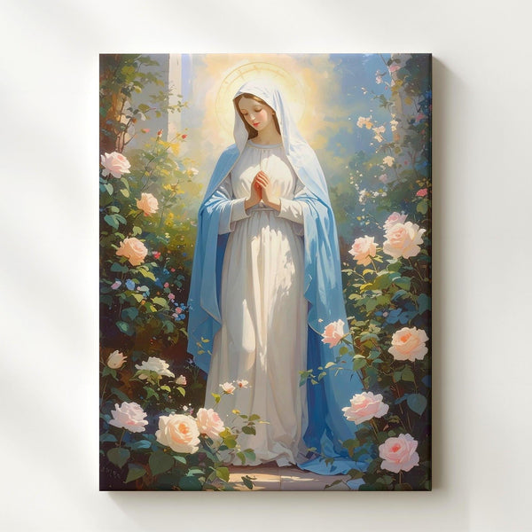 Virgin Mary in Garden Canvas – Light Blue Robe with Roses & Divine Light - Gifitto