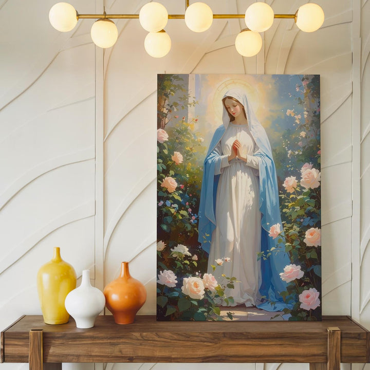 Virgin Mary in Garden Canvas – Light Blue Robe with Roses & Divine Light - Gifitto