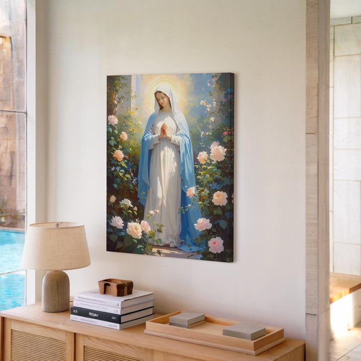 Virgin Mary in Garden Canvas – Light Blue Robe with Roses & Divine Light - Gifitto
