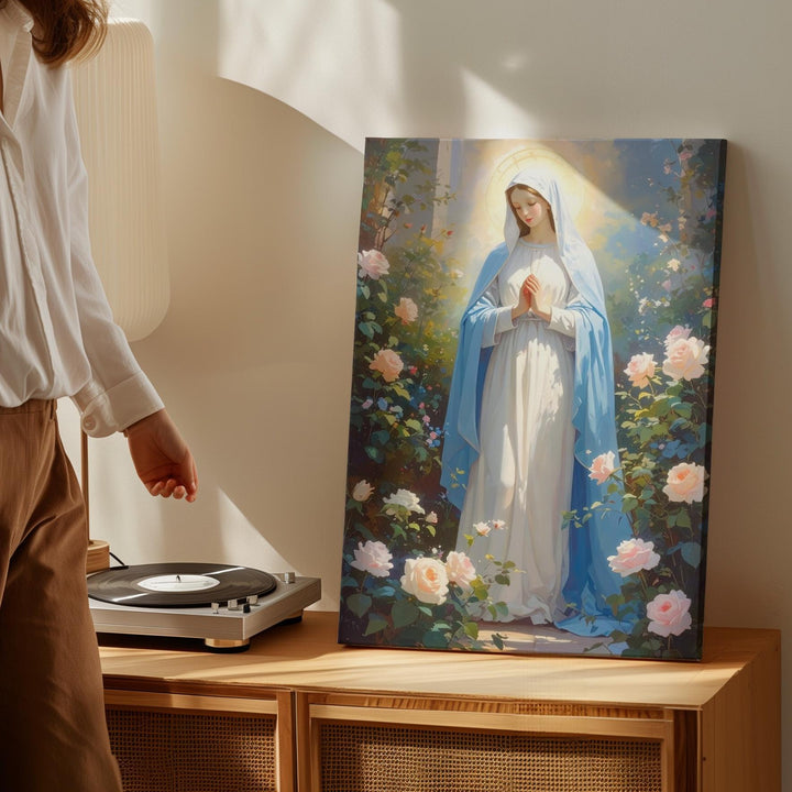 Virgin Mary in Garden Canvas – Light Blue Robe with Roses & Divine Light - Gifitto