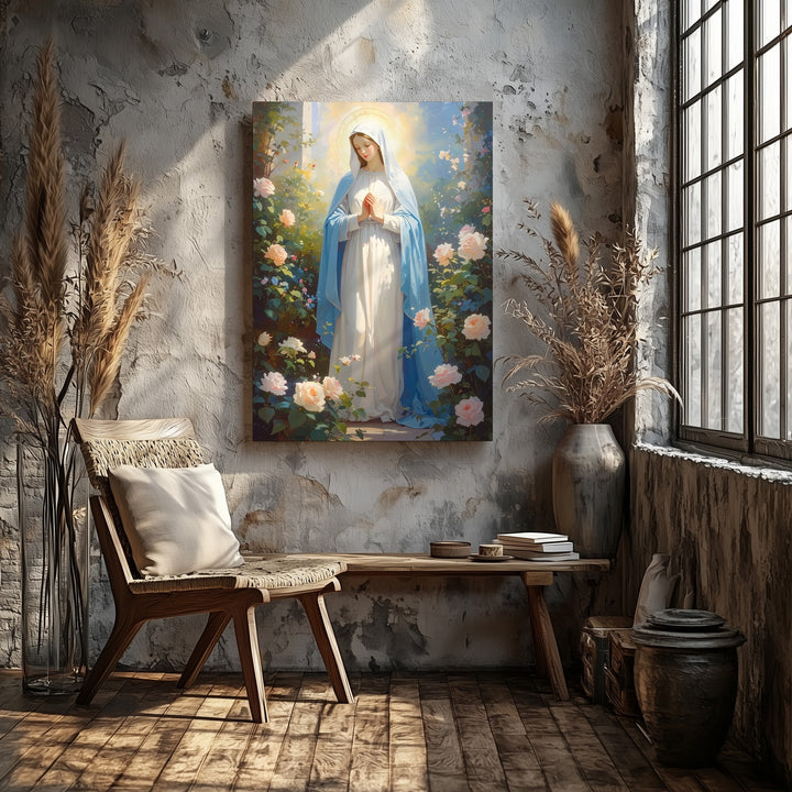 Virgin Mary in Garden Canvas – Light Blue Robe with Roses & Divine Light - Gifitto