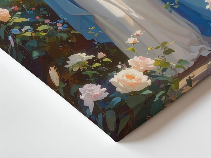 Virgin Mary in Garden Canvas – Light Blue Robe with Roses & Divine Light - Gifitto