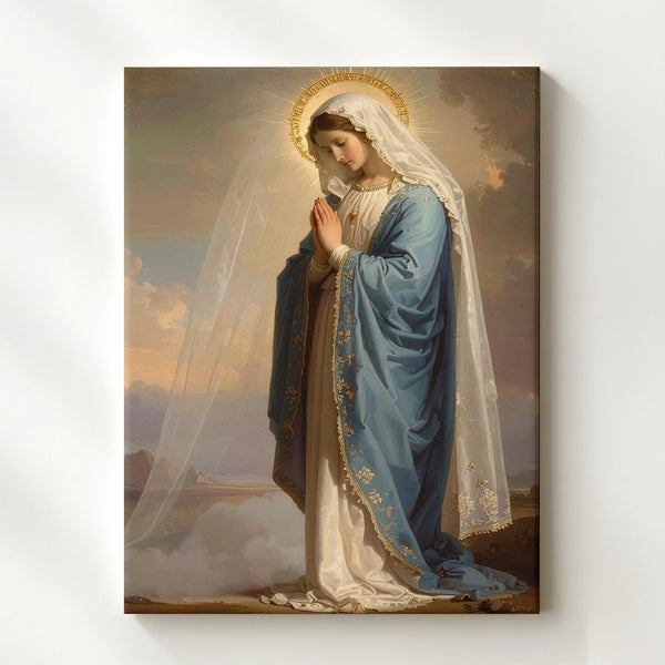Side Profile Virgin Mary Canvas – Blue Robe, White Veil & Sacred Mist - Gifitto
