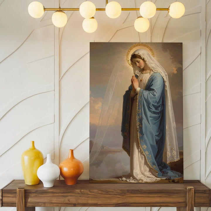 Side Profile Virgin Mary Canvas – Blue Robe, White Veil & Sacred Mist - Gifitto