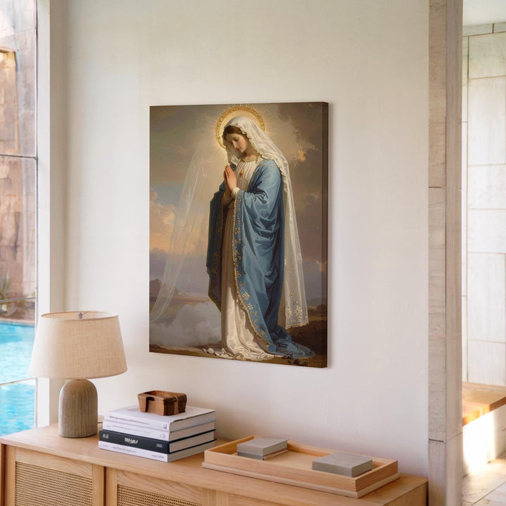 Side Profile Virgin Mary Canvas – Blue Robe, White Veil & Sacred Mist - Gifitto