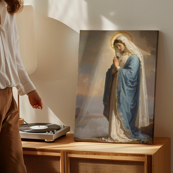 Side Profile Virgin Mary Canvas – Blue Robe, White Veil & Sacred Mist - Gifitto