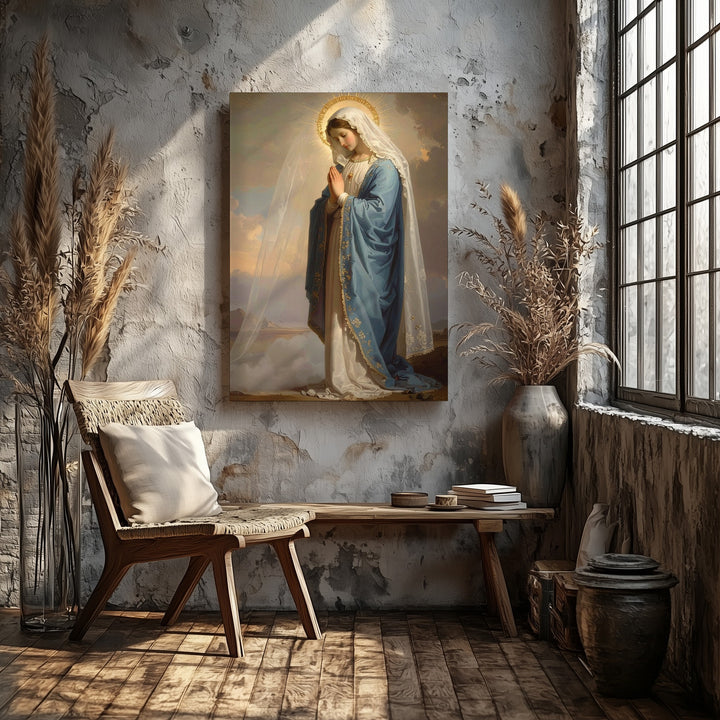 Side Profile Virgin Mary Canvas – Blue Robe, White Veil & Sacred Mist - Gifitto