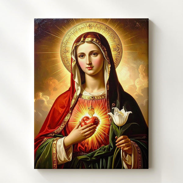 Immaculate Heart of Mary Canvas – Lily, Golden Halo & Red-Green Robes - Gifitto
