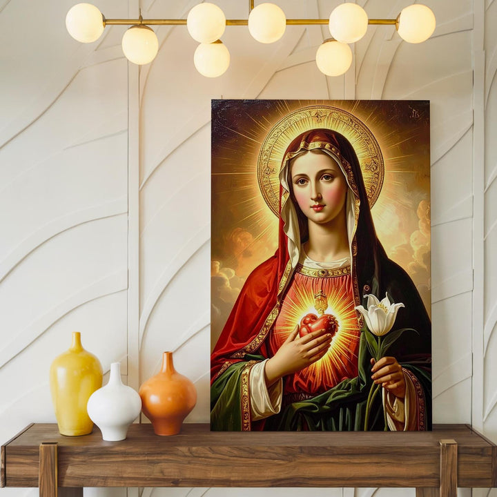 Immaculate Heart of Mary Canvas – Lily, Golden Halo & Red-Green Robes - Gifitto
