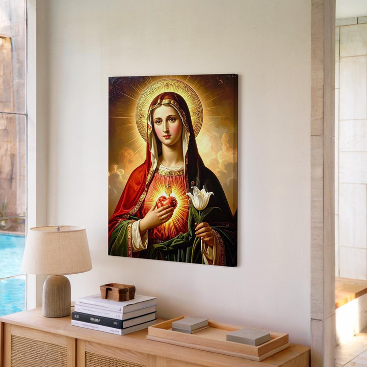 Immaculate Heart of Mary Canvas – Lily, Golden Halo & Red-Green Robes - Gifitto